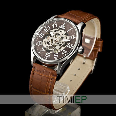 Men's Brown Band Silver Trim Visible Gear Watch - TrendSettingFashions