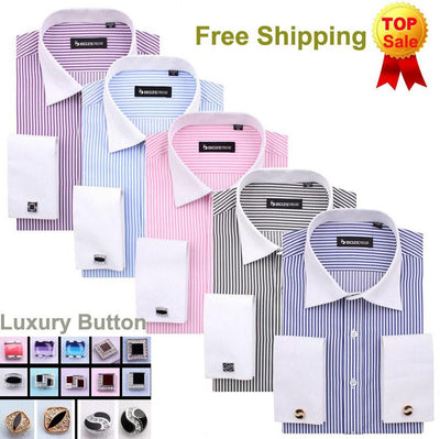 Men's French Cut Striped Dress Shirt with Luxury Button Cuffs - TrendSettingFashions