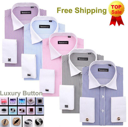 Men's French Cut Striped Dress Shirt with Luxury Button Cuffs - TrendSettingFashions 