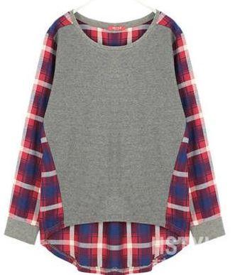 Women's Casual Patchwork Plaid Loose Fitting Top - TrendSettingFashions 