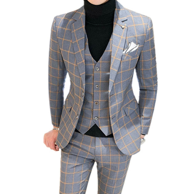 Men's 3 Piece Set Plaid Suit