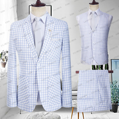Men's Business Formal Blue Plaid Suit (3 Piece set)