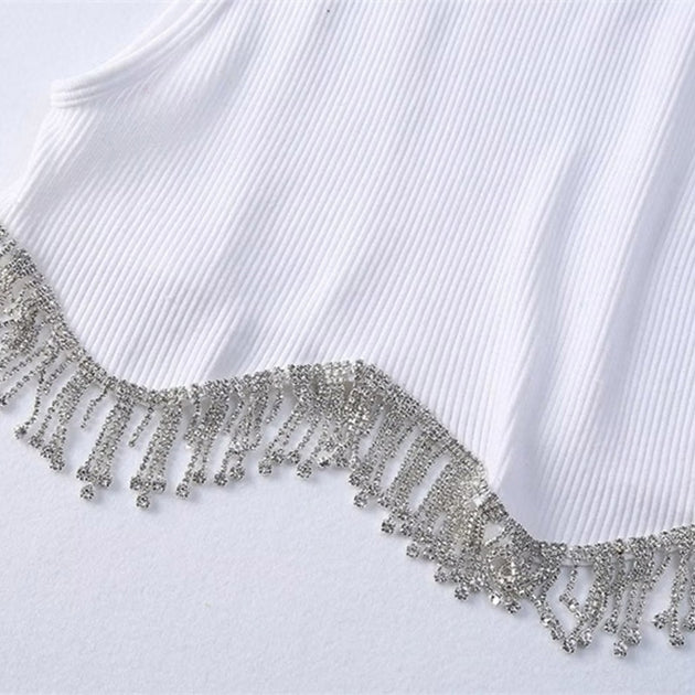 Women's Hem Tassel Diamond Beading Knitting T Shirt