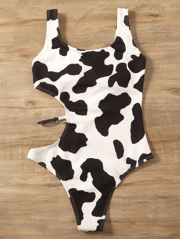 Women's Cow Print Rib Cut-out One Piece Swimsuit Ring Linked