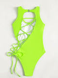 Women's Neon Swimwear Solid Hollow Out Cross Back Sexy Adjustable One Piece Swimsuit