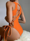 Women's Neon Swimwear Solid Hollow Out Cross Back Sexy Adjustable One Piece Swimsuit