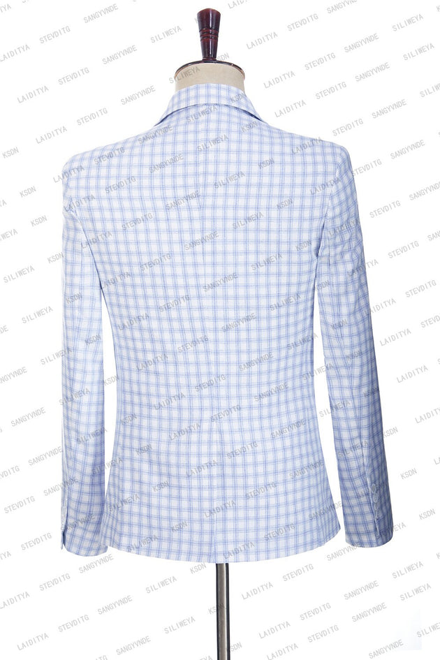 Men's Business Formal Blue Plaid Suit (3 Piece set)