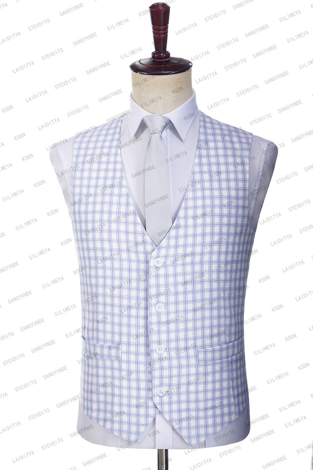 Men's Business Formal Blue Plaid Suit (3 Piece set)