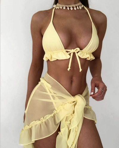 Women's Three-Piece Bikini Ruffle Bandage Halter Bra Panties Cover Ups