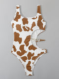 Women's Cow Print Rib Cut-out One Piece Swimsuit Ring Linked