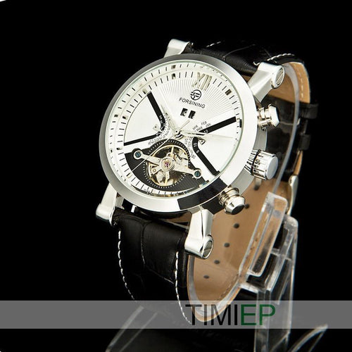 Men's Black Band Heavy Silver Trim/White Dial Dress Watch - TrendSettingFashions 