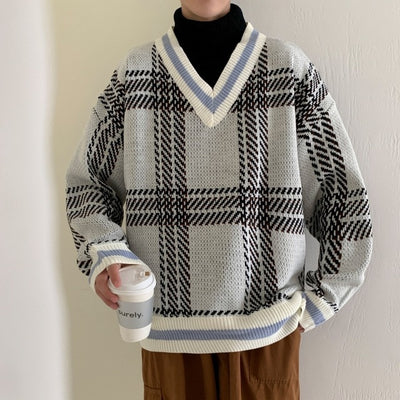 Men's Plaid V Neck Sweater Up To 2XL - TrendSettingFashions