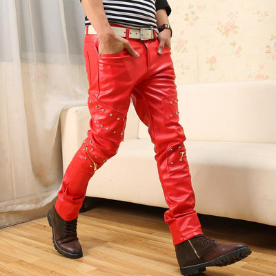 Men's Red Leather Pants - TrendSettingFashions 