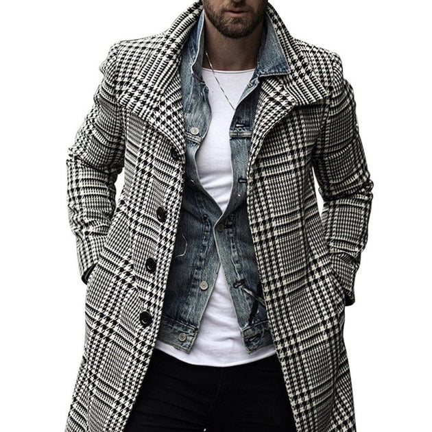 Men's Plaid Trench Coat Up To Size 3XL - TrendSettingFashions