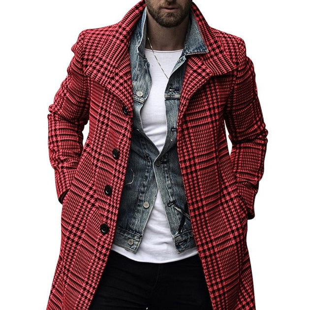 Men's Plaid Trench Coat Up To Size 3XL - TrendSettingFashions