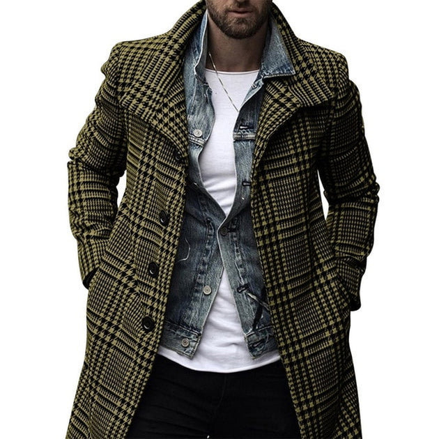 Men's Plaid Trench Coat Up To Size 3XL - TrendSettingFashions