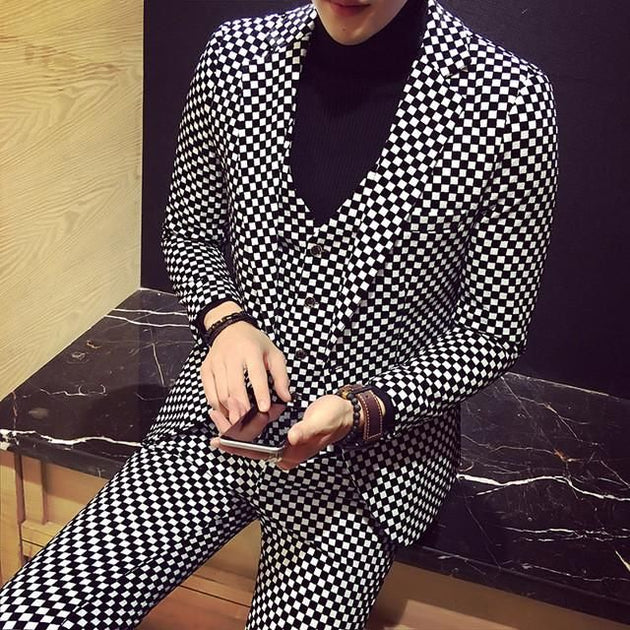 Men's Plaid Suit Set, 2 Pc Casual Business Suit Up To 5XL - TrendSettingFashions