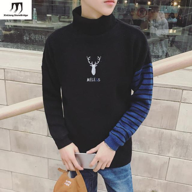 Men's Fashion Deer Turtleneck W/ Striped Sleeve - TrendSettingFashions