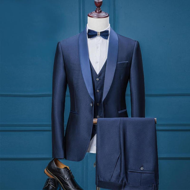 Men's 3 Piece Blue Tuxedo With Matching Lapel Up To 3XL (Jacket + Vest + Pants) - TrendSettingFashions
