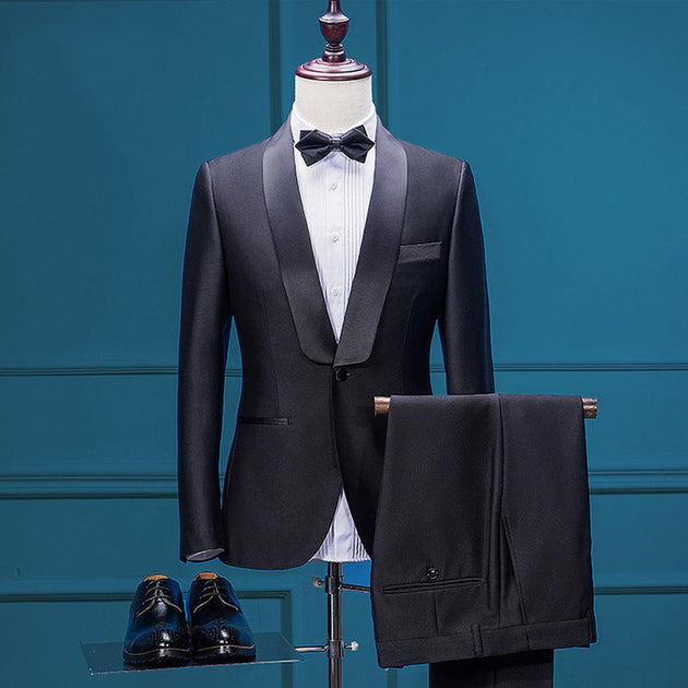 Men's 2 Piece Black Tuxedo With Matching Lapel Up To 3XL (Jacket + Pants) - TrendSettingFashions