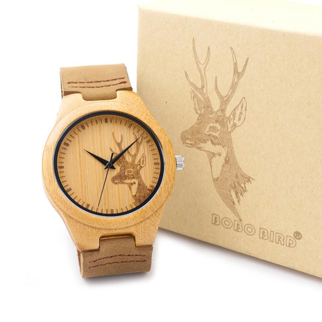 Men's Natural Wood Engraved Elk Head Watch - TrendSettingFashions 