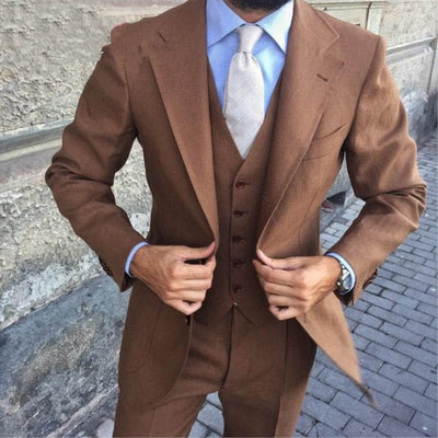 Men's Brown 3 PC Suit (Jacket+Pant+Vest+Tie) Up To 6XL - TrendSettingFashions 