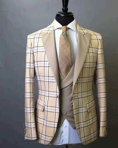 Men's 3 Piece Plaid Style Suit Up To 3XL - TrendSettingFashions 