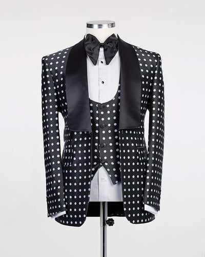 Men's One Button Black Polka Tuxedo(Jacket+Pants+Vest+Tie) Up To 5XL - TrendSettingFashions 