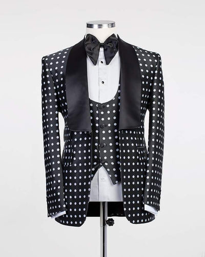 Men's One Button Black Polka Tuxedo(Jacket+Pants+Vest+Tie) Up To 5XL - TrendSettingFashions