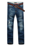 Men's Dark Blue Straight Jeans With Small Rips - TrendSettingFashions