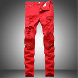 Men's Red, Orange Or Blue Denim Ripped Fashion Jeans - TrendSettingFashions 