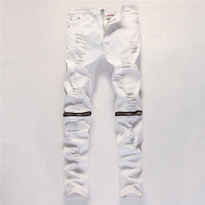 Men's Ripped Designer White Jeans - TrendSettingFashions 