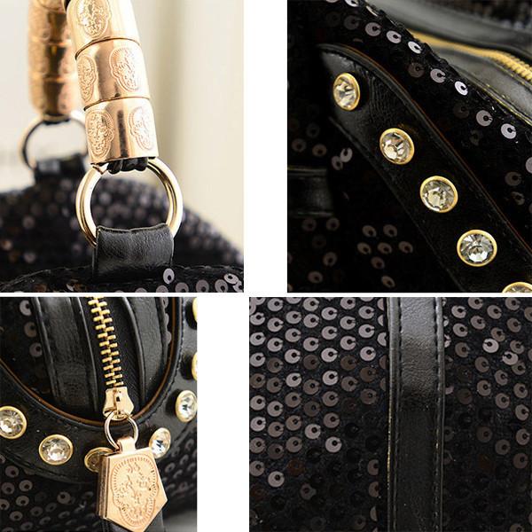 Women's Rhinestone Sequined Tassel Zip Messenger Handbag 3 Color Options - TrendSettingFashions 