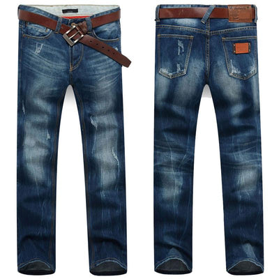 Men's Dark Blue Straight Jeans With Small Rips - TrendSettingFashions 