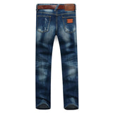 Men's Dark Blue Straight Jeans With Small Rips - TrendSettingFashions