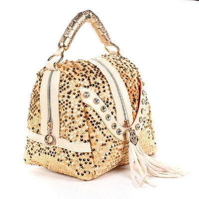 Women's Rhinestone Sequined Tassel Zip Messenger Handbag 3 Color Options - TrendSettingFashions