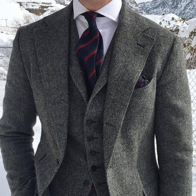 Men's Gray Wool Tweed Suit (Jacket +Vest +Pants)