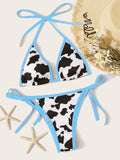 Women's Cow Print Deep V-neck Bikini