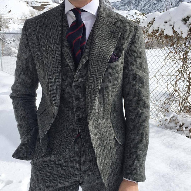 Men's Gray Wool Tweed Suit (Jacket +Vest +Pants)