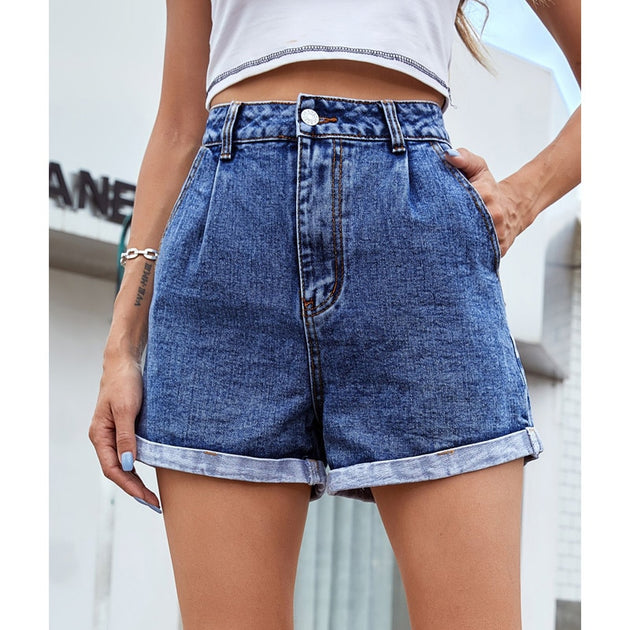 Women's Solid High Waisted Straight Jean Shorts