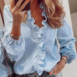 Women's Fashion Ruffles Shirt V Neck Long Sleeve