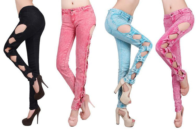 Women's Hollowed Out Bow Decorated Sexy Denim Jeans - TrendSettingFashions 
