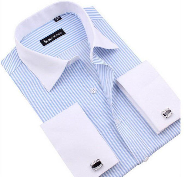 Men's French Cut Striped Dress Shirt with Luxury Button Cuffs - TrendSettingFashions 