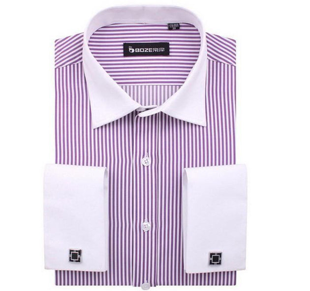Men's French Cut Striped Dress Shirt with Luxury Button Cuffs - TrendSettingFashions 