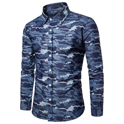 Men's Camouflage Print Washed Jean Shirt - TrendSettingFashions 