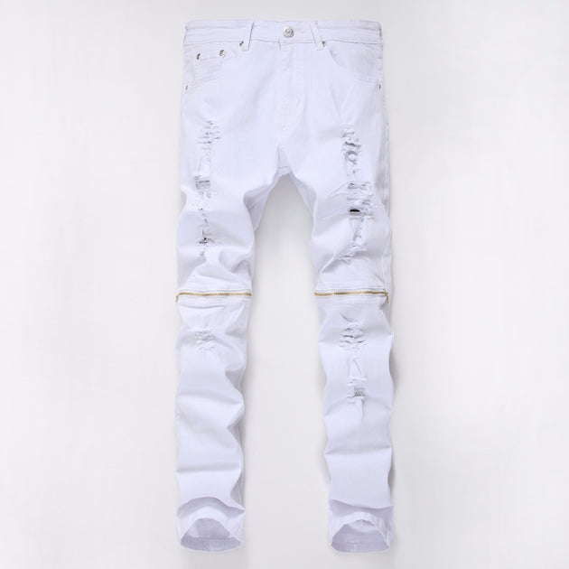 Men's Loose Fit Elastic White Jeans - TrendSettingFashions 