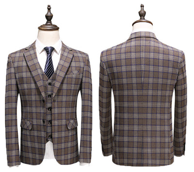 Men's 3 Peice Jacket+Pants+Vest Plaid Business Suit - TrendSettingFashions 