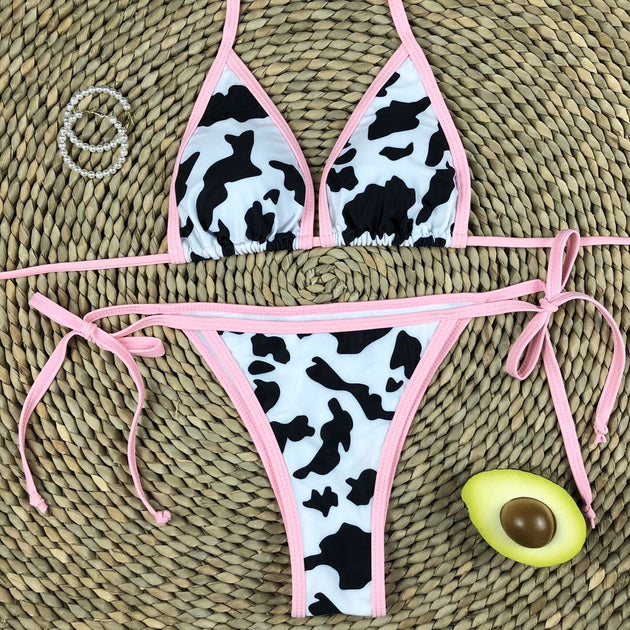 Women's Cow Print Deep V-neck Bikini