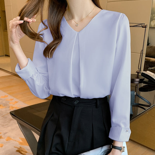 Women's White Long Sleeve Solid Color Shirt