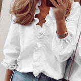 Women's Fashion Ruffles Shirt V Neck Long Sleeve